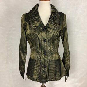 Hanna for La Journee Green & Black Striped Silk Ruched Lightweight Jacket M